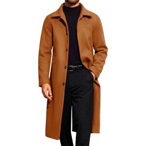 Men's Light Brown Long Trench Coat Single Breasted Casual Winter Warm Pea Coat